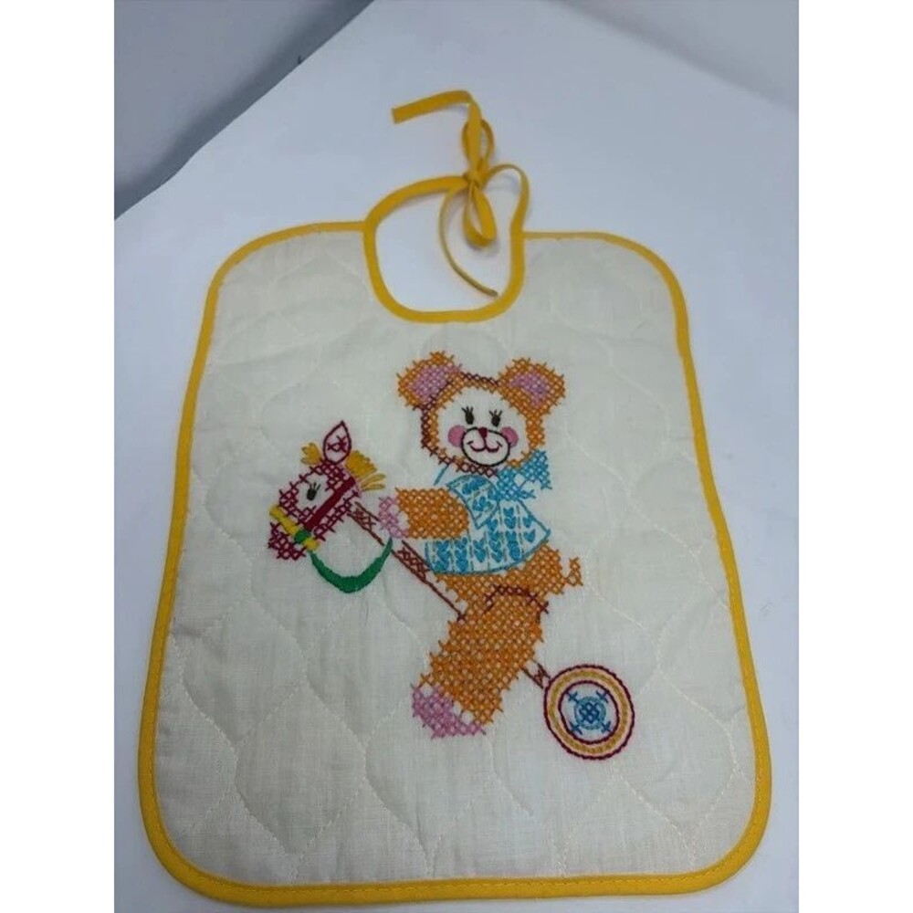 VTG 1970s Stamped Cross Stitch Quilted Baby Bib Yellow Trim Bear Hobby Horse